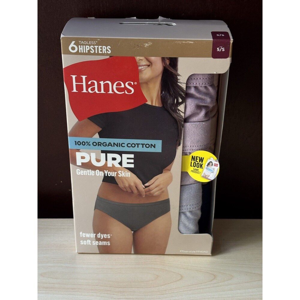 HANES Women’s Tagless Hipsters Underwear Sz 5 S  6 Pk Multicolor Organic Cotton